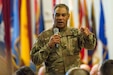 Lt. Gen. Michael X. Garrett, U.S. Army Central (USARCENT) commander speaks to Soldiers during a town hall meeting at Camp Arifjan, Kuwait, June 14, 2018. Lt. Gen. Garrett conducted the town hall to discuss USARCENT's vision and enduring priorities of readiness, communication, protecting the force, and  transitions between incoming and outgoing units.