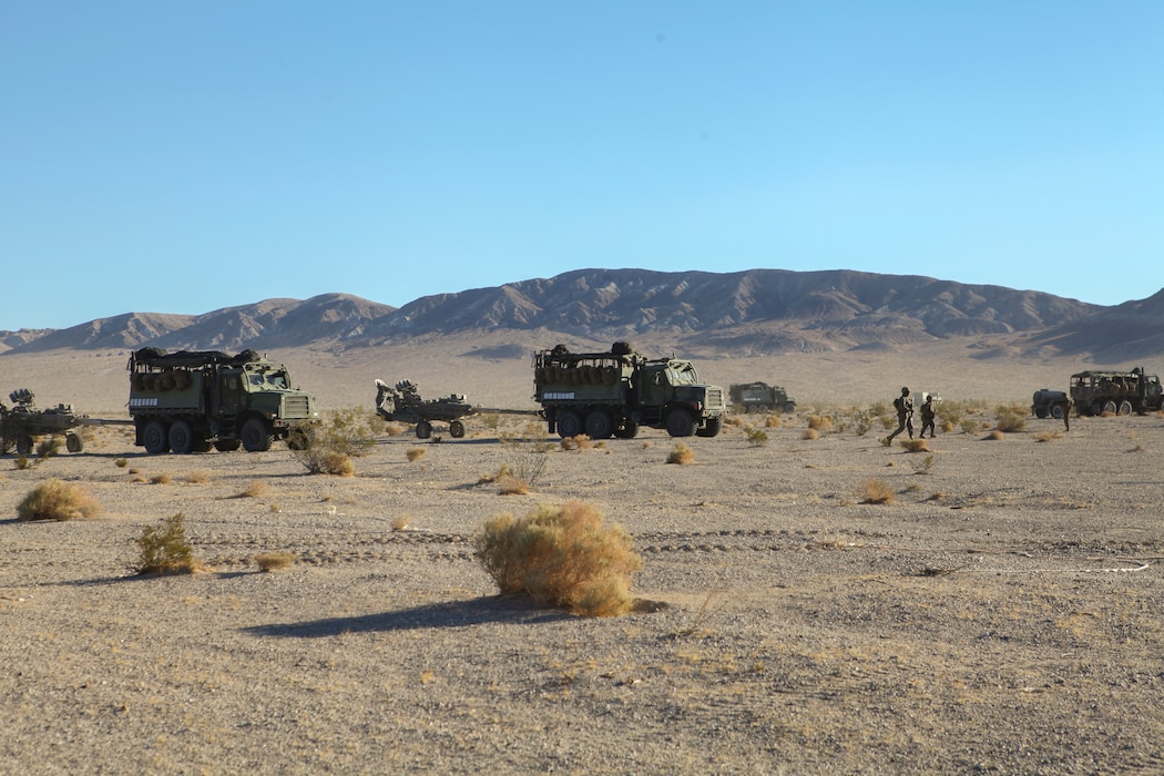 Marines with Mike Battery, 3rd Battalion, 14th Marine Regiment, 4th Marine Division, arrive at Emerson Lake in Twentynine Palms, California, for a direct fire shoot as apart of Integrated Training Exercise 4-18, June 14, 2018. ITX 4-18 is a live-fire and maneuver combined arms exercise designed to train battalion and squadron-sized units in tactics, techniques, and procedures required to provide a sustainable and ready operational reserve for employment across the full spectrum of crisis and global employment.