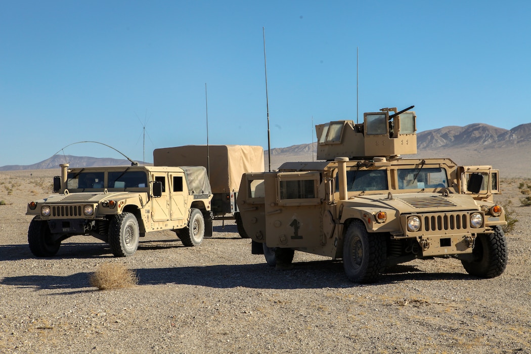 Marines with Mike Battery, 3rd Battalion, 14th Marine Regiment, 4th Marine Division, arrive at Emerson Lake in Twentynine Palms, California, for a direct fire shoot as apart of Integrated Training Exercise 4-18. ITX 4-18 is a live-fire and maneuver combined arms exercise designed to train battalion and squadron-sized units in tactics, techniques, and procedures required to provide a sustainable and ready operational reserve for employment across the full spectrum of crisis and global employment.