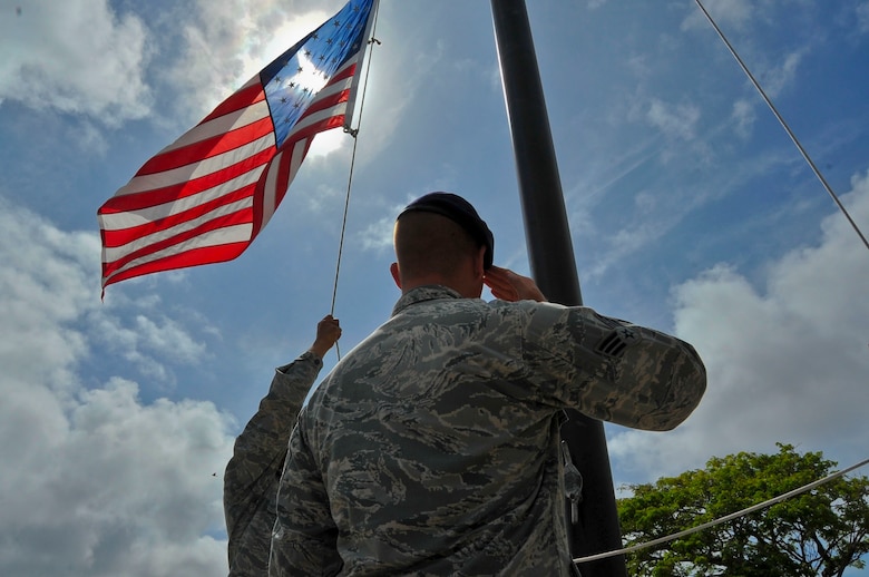 Airmen participate in a retreat ceremony at the end of the duty day.