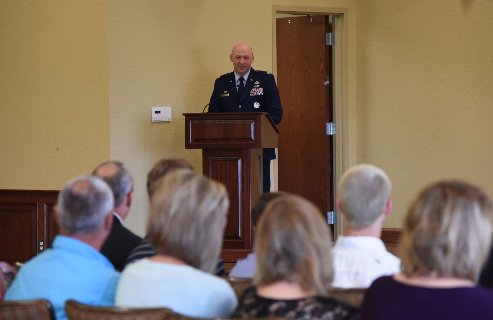 U.S. Air Force Col. Danny Davis, 81st Mission Support Group commander, delivers remarks during the 81st Force Support Squadron change of command ceremony in the Bay Breeze Event Center at Keesler Air Force Base, Mississippi, June 14, 2018. During the ceremony, Davis highlighted the accomplishments of the squadron under the command of Lt. Col Teresa Ammons and introduced the incoming commander, Maj. Amber Ortiz. (U.S. Air Force photo by Kemberly Groue)
