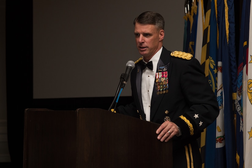 U.S. Army Maj. Gen. Malcom B. Frost, Center for Initial Military Training commanding general, speaks during the Army Birthday Ball at the Colonial Williamsburg Lodge, in Williamsburg, in Williamsburg, Virginia, June 16, 2018.