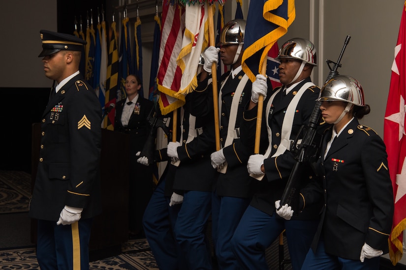 The U.S. Army Fort Eustis Color Guard presents the colors during the Army Birthday Ball at the Colonial Williamsburg Lodge, in Williamsburg, Virginia, June 16, 2018.