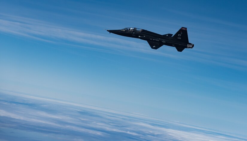 A pilot with the 71st Fighter Training Squadron flies a U.S. Air Force T-38 Talon over the Atlantic Ocean off the coast of Southern Virginia, June 12, 2018.