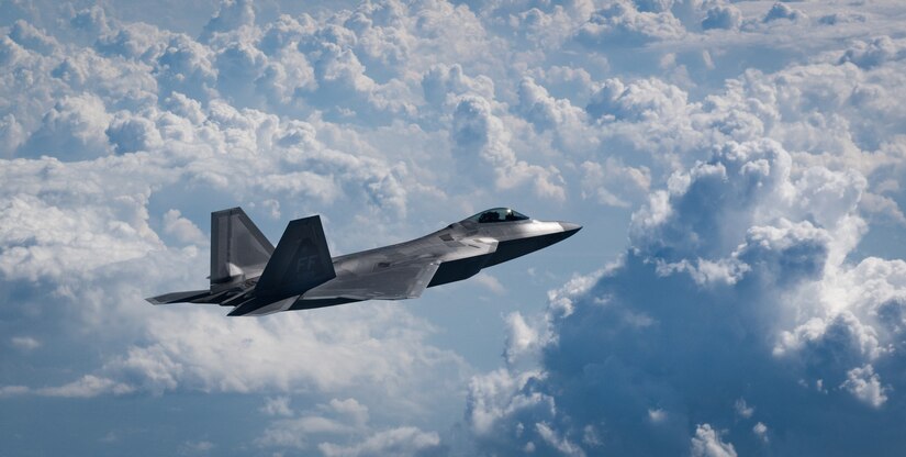 A U.S. Air Force F-22 Raptor from the 1st Fighter Wing flies over Western Virginia, June 14, 2018.
