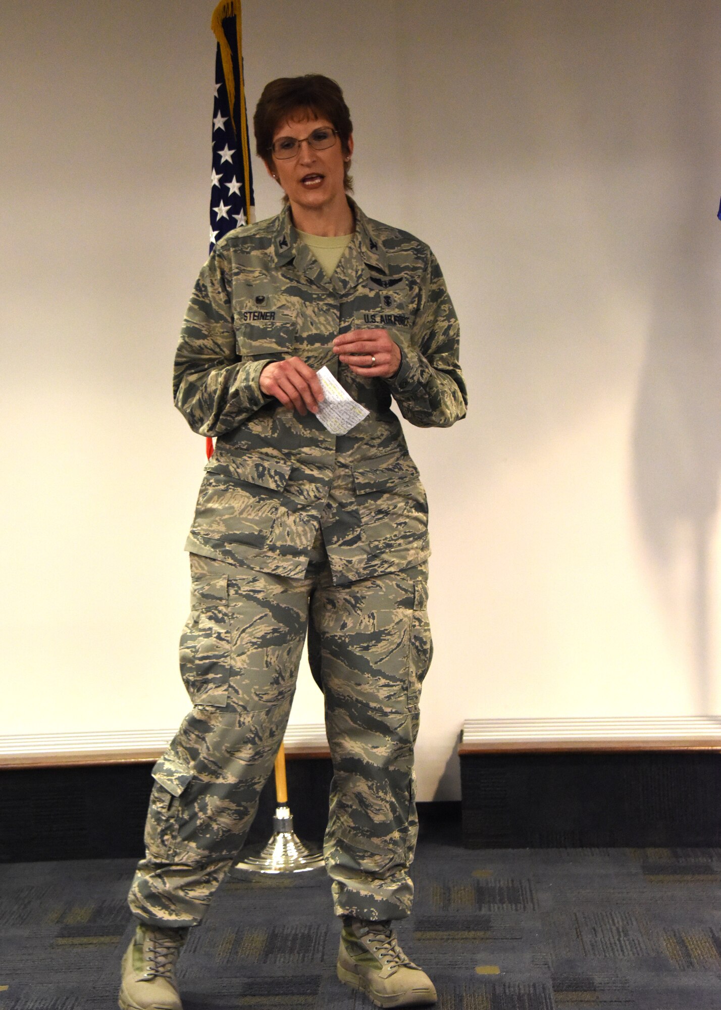 Col. Karen Steiner, commander of the 911th Aeromedical Staging Squadron, addresses the squadron after assuming command at the Pittsburgh International Airport Air Reserve, Pennsylvania Station June 2, 2018. During her speech Steiner said that she was honored to be selected for this position. (U.S. Air Force Photo by Senior Airman Grace Thomson)
