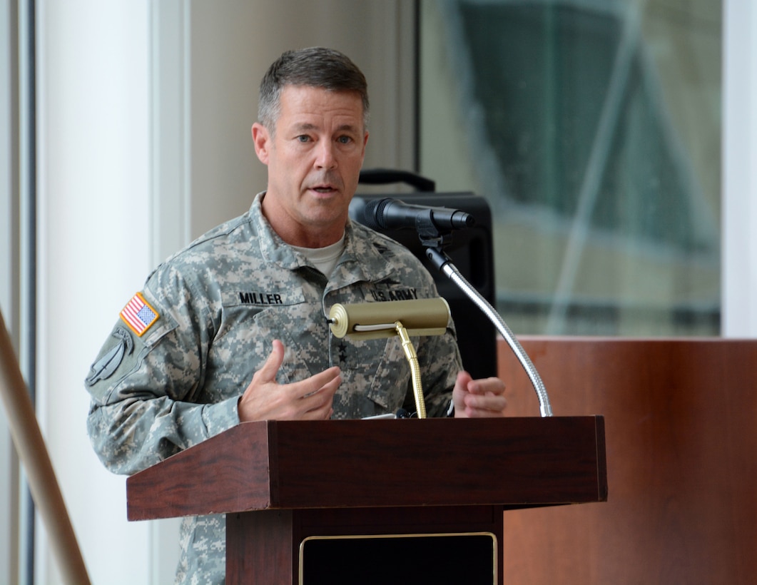 Army Maj. Gen. Austin S. Miller speaks at a ceremony at Fort Benning, Ga., in 2015.