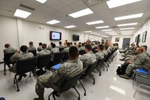 Airmen gather for final readiness exercise briefings June 14, 2018, on Grand Forks Air Force Base, North Dakota. Airmen were instructed on the resources available during a deployment and given a better understanding of how the deployment process works.(U.S. Air Force photo by Airman 1st Class Melody K. Wolff)