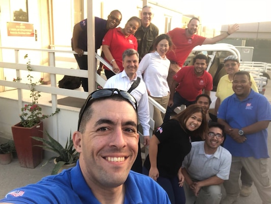 Capt. Scott Pancotto with members of the Bahrain Resident Office during a visit from the Middle East District Commander, Colonel Stephen Bales.