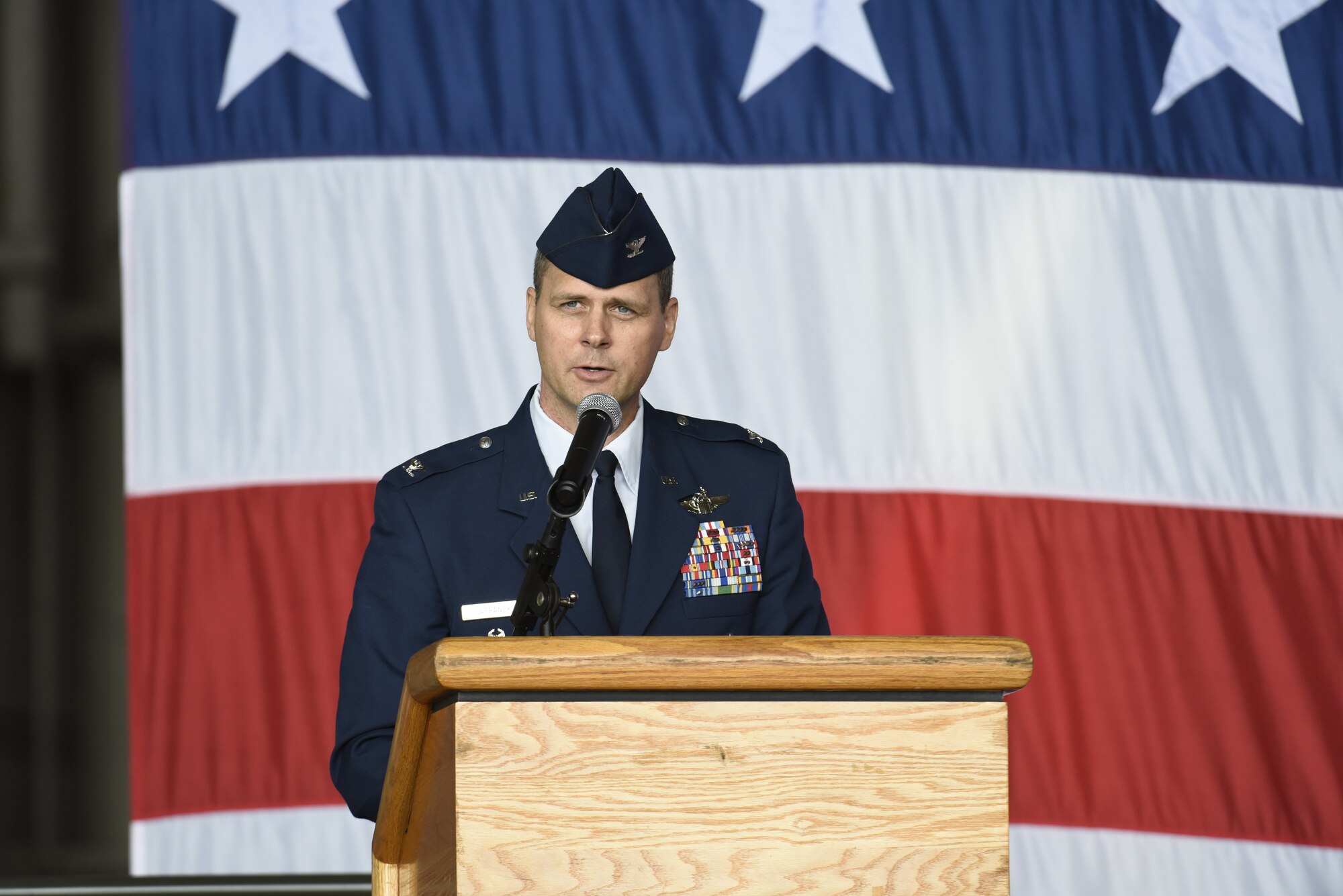 Col. Joel Safranek, 436th Airlift Wing commander, speaks during the wing change of command ceremony May 30, 2018, at Dover Air Force Base, Del. Safranek assumed command of the wing from Col. Ethan Griffin, outgoing 436th AW commander, during the ceremony. (U.S. Air Force photo by Airman 1st Class Zoe Wockenfuss)