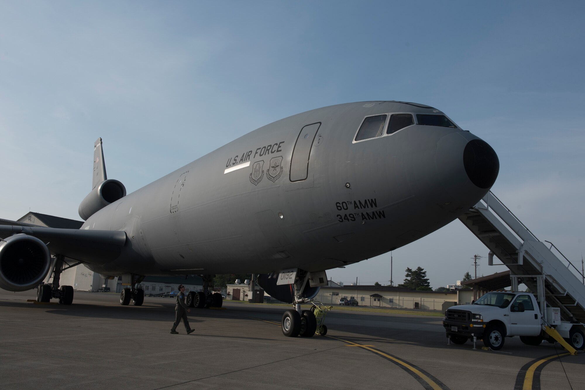 A KC-10 Extender assigned to the 60th Air Mobility Wing at Travis Air Force Base, Calif., undergoes pre-flight checks at Misawa Air Base, Japan, June 4, 2018. The aircraft supported refueling support missions in the Pacific theater. (U.S. Air Force photo by Tech. Sgt. James Hodgman)