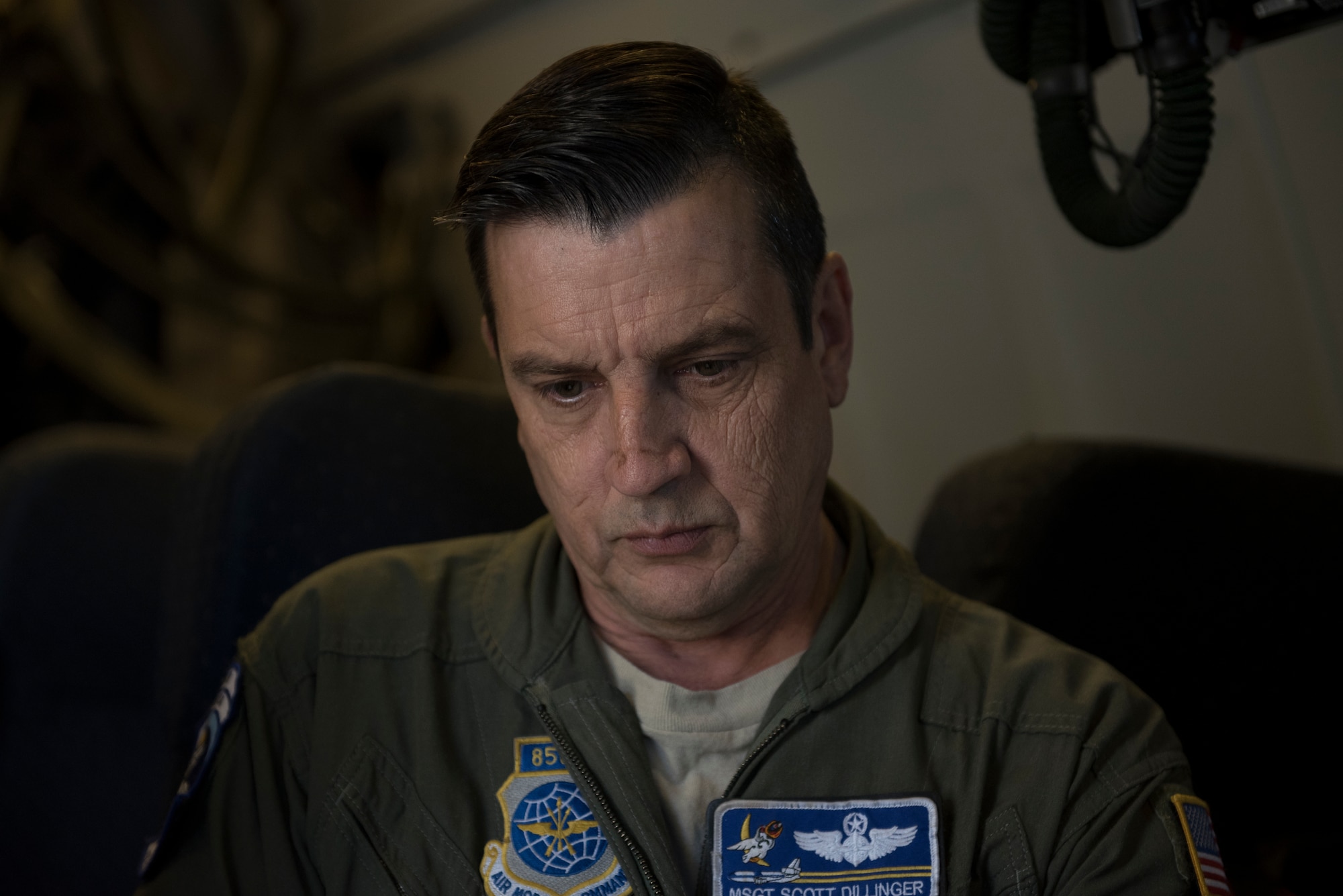 Master Sgt. Scott Dillinger, 6th Air Refueling Squadron noncommissioned officer in charge of standardization and evaluation and a KC-10 Extender flight engineer, reviews a checklist inside a KC-10 June 2, 2018 at Eielson Air Force Base, Alaska. Dillinger and his crew flew the aircraft to Misawa Air Base, Japan, providing refueling support for six F-15s. On June 4 he hit the 10,000 flight hour milestone. (U.S. Air Force photo by Tech. Sgt. James Hodgman)