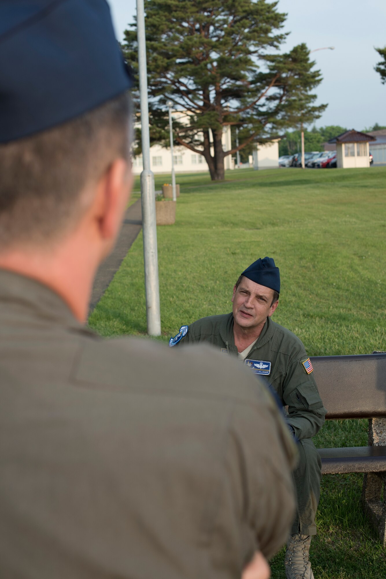 Master Sgt. Scott Dillinger, 6th Air Refueling Squadron noncommissioned officer in charge of standardization and evaluation and a KC-10 Extender flight engineer, enjoys some conversation with one of his crew members at Misawa Air Base, Japan, June 4, 2018, prior to flying a refueling mission in support of six F-15s. On June 4 he hit the 10,000 flight hour milestone. (U.S. Air Force photo by Tech. Sgt. James Hodgman)