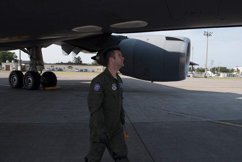 Staff Sgt. Nicholas Kinzer, 660th Aircraft Maintenance Squadron KC-10 Extender assistant flying crew chief, conducts an external check of a KC-10 at Misawa Air Base, Japan, prior to a refueling mission in the Pacific theater June 4, 2018. Kinzer served as one of two crew chiefs on the KC-10 for a five-day refueling mission. Flying crew chiefs are responsible for maintaining aircraft during missions away from that aircraft’s home station. (U.S. Air Force photo by Tech. Sgt. James Hodgman)