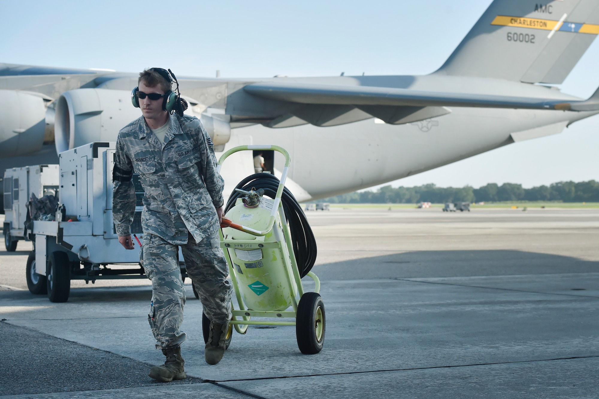 Staff Sgt. James Crance, 437th Aircraft Maintenance Squadron crew chief, prepares a C-17 Globemaster III for launch June 14, 2018, at Joint Base Charleston, S.C. Crew chiefs here are responsible for coordinating the care and maintenance of one of the largest fleets of C-17 aircraft in the Air Force in support of Air Mobility Command’s rapid global mobility mission.