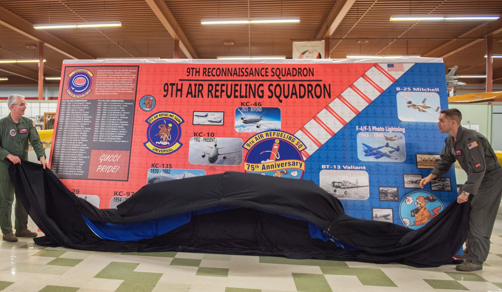 U.S. Air Force Gen. Paul Selva, left, Vice Chairman of the Joint Chiefs of Staff, and Lt. Col. Stew Welch, 9th Air Refueling Squadron commander unveil the 9th ARS heritage wall at the Heritage Museum at Travis Air Force Base, Calif., June 15, 2018. Selva was the commander of the 9th ARS from 1994-95, and he was at Travis both to celebrate the 9th ARS’s 75th Anniversary and to be the keynote speaker at the base’s 75th Anniversary Dining Out. (U.S. Air Force photo by Louis Briscese)