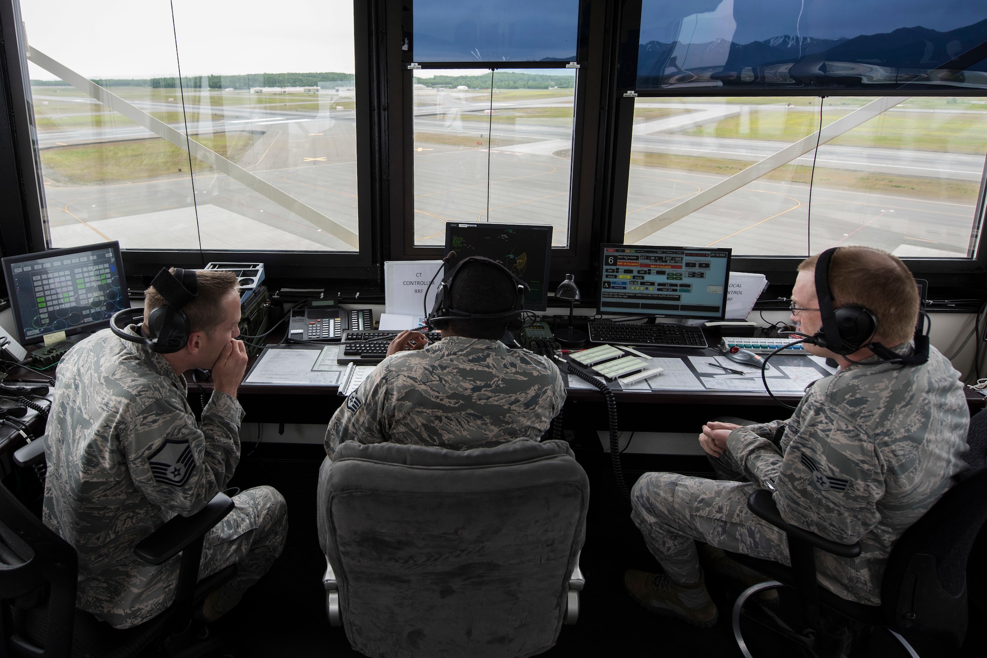 Air Traffic Control Airmen with the 3rd Operations Support Squadron operate out of the Hangar 2 alternate tower on Joint Base Elmendorf-Richardson, Alaska, June 15, 2018. Operations took place at Hangar 2 during the construction of the main tower. Construction is scheduled to be completed June 22.