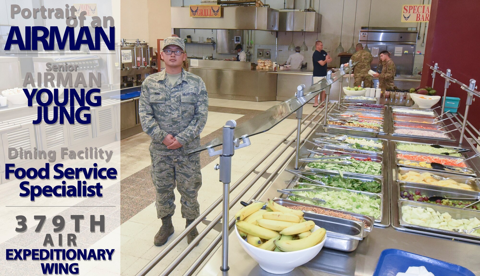 Senior Airman Young Jung poses for a portrait in the Blatchford-Preston Complex Dining Facility at Al Udeid Air Base, Qatar, June 19, 2018. Jung is assigned to the 379th Expeditionary Force Support Squadron as a food service specialist. (U.S. Air Force photo illustration by Staff Sgt. Enjoli Saunders)