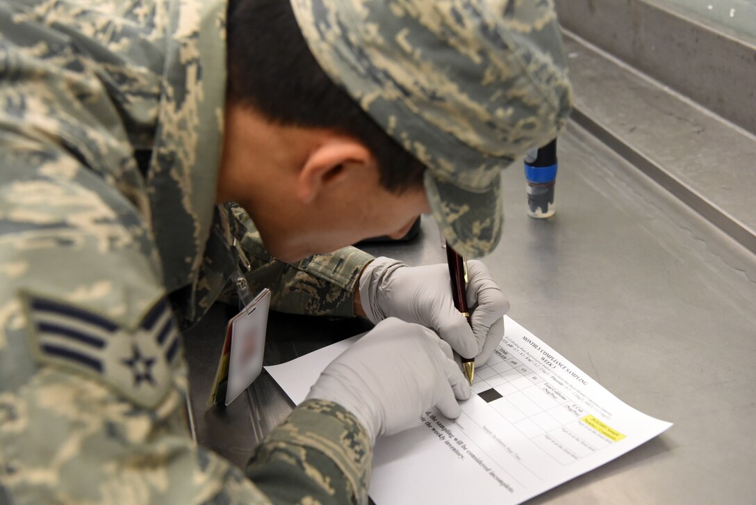 An Airman assigned to the 48th Aerospace Medicine Squadron Bioenvironmental Engineering flight confirms the results of a water acidity test at Royal Air Force Lakenheath, England, June 19, 2018. The 48th AMDS, Bioenvironmental Engineering flight uses engineering principles to check for pollutants and radioactive materials, implementing environmental protections, monitoring OSHA and NRC work safety standards and permits, and other duties to reduce health risks and dangers to Airmen.  (U.S. Air Force photo/ Airman 1st Class John A. Crawford)
