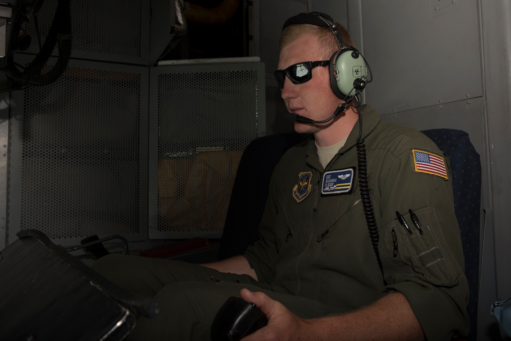 Staff Sgt. Zachariah Ploeger, 6th Air Refueling Squadron boom operator, refuels an F-15 during a mission in the Indo-Pacific theater June 4, 2018. The boom operator is responsible for ensuring safe refueling with receiver aircraft thousands of feet above Earth. Ploeger refueled eight fighter aircraft from the United States and Japan during the five-day mission. (U.S. Air Force photo by Tech. Sgt. James Hodgman)