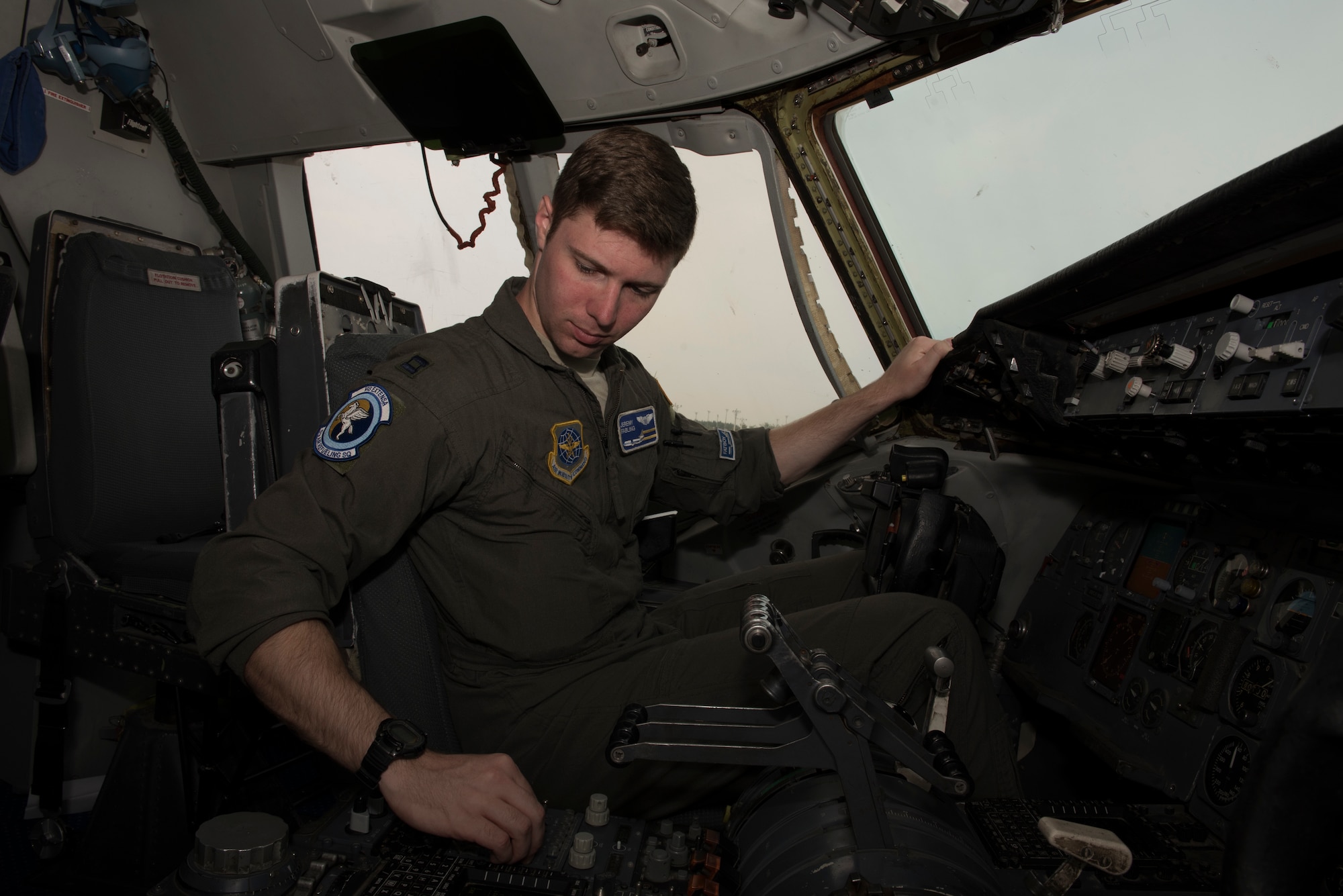 U.S. Air Force Capt. Jeremy Fabling, 6th Air Refueling Squadron KC-10 Extender pilot, conducts a flight controls check in the cockpit of a KC-10 at Misawa Air Base, Japan, June 4, 2018. The aircraft completed a five-day mission which featured refueling U.S. Air Force F-15C Eagles and Japan Air Self-Defense Force fighter aircraft in the Indo-Pacific Command area of operations. (U.S. Air Force photo by Tech. Sgt. James Hodgman)