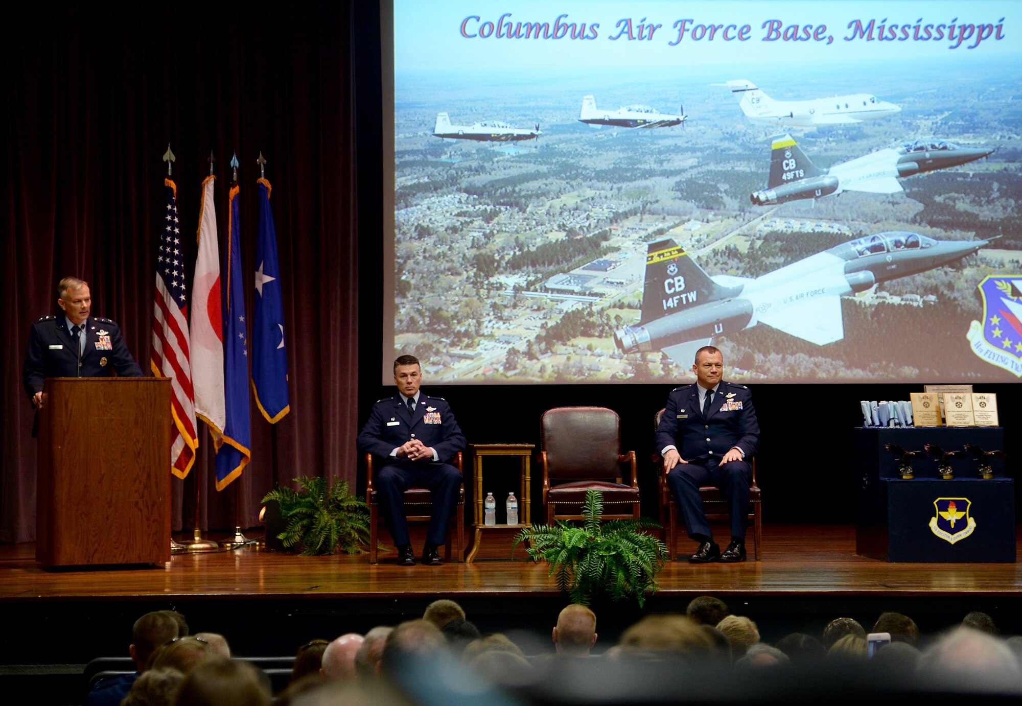 Maj. Gen. Glen VanHerck, Vice Director for Strategic Plans and Policy, Joint Staff at the Pentagon, Washington, D.C., speaks to Specialized Undergraduate Pilot Training Class 18-10 during their graduation June 8, 2018. VanHerck spoke about his career and the lessons he has learned about character and courage to help prepare the students for their own career. (U.S. Air Force photo by Airman 1st Class Keith Holcomb)