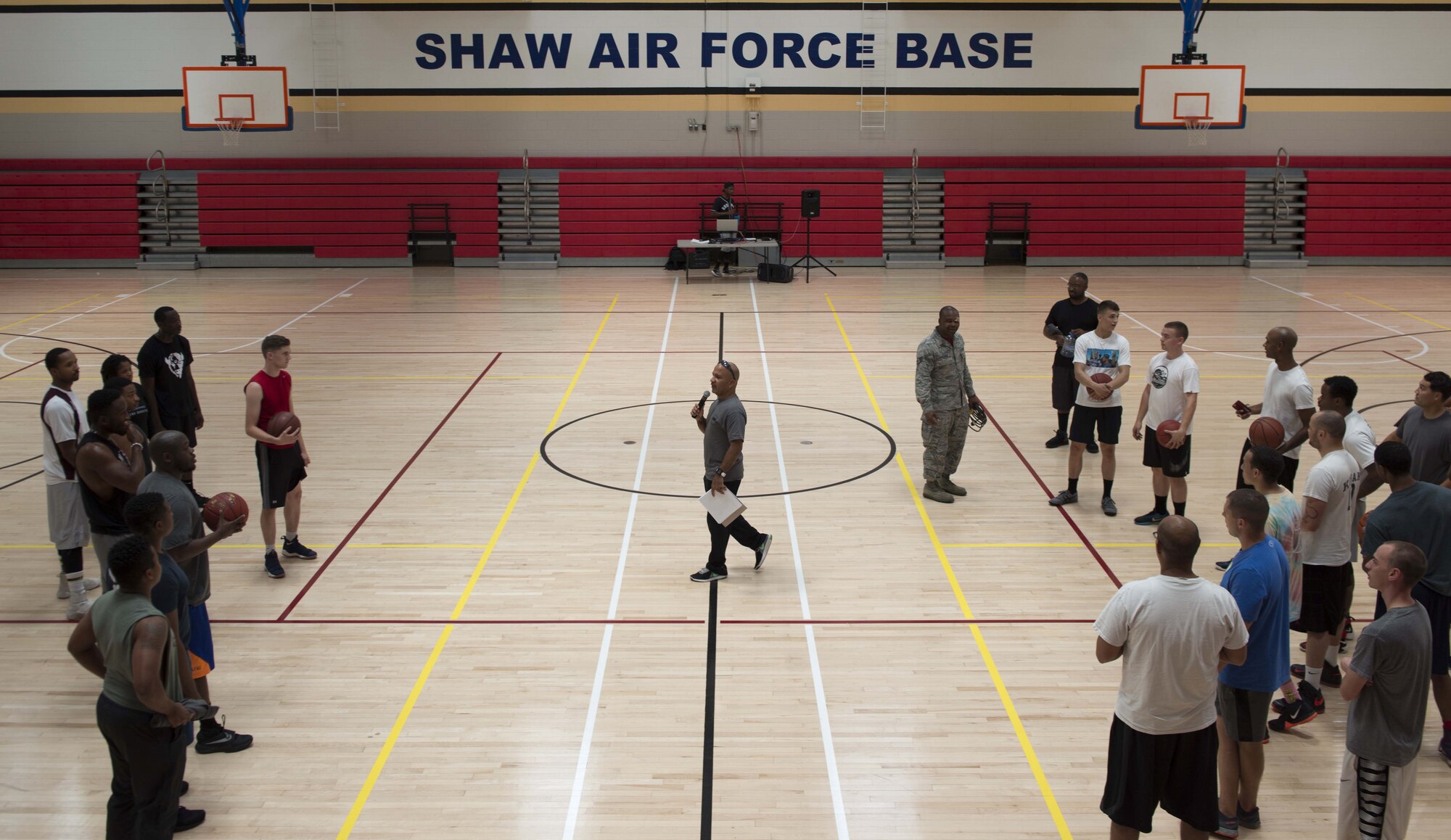 U.S. Air Force Chaplain (Capt.) Eddie Rubero, 20th Fighter Wing chaplain, briefs Team Shaw members at the 20th Force Support Squadron main fitness center at Shaw Air Force Base, S.C., June 15, 2018.