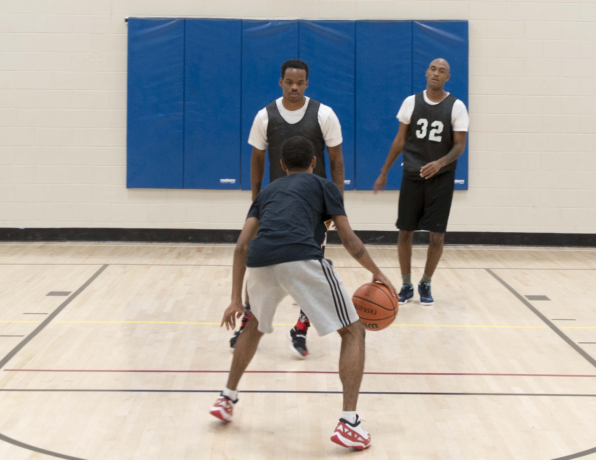 Team Shaw members play in the Four Chaplains 3-on-3 Basketball Tournament at the 20th Force Support Squadron main fitness center at Shaw Air Force Base (AFB), S.C., June 15, 2018.