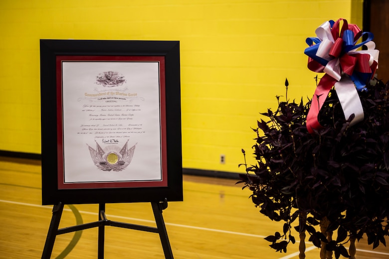 Hunter A. Northcutt posthumously receives the Honorary Marine award at Pelham Elementary School, Pelham, Tennessee, June 13, 2018. The Honorary Marine title recognizes Hunter for distinguishing himself through noteworthy service and support of the Marine Corps. (U.S. Marine Corps photo by Sgt. Mandaline Castillo)