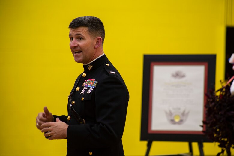 Col. Jeffrey C. Smitherman, 6th Marine Corps District Commanding Officer, bestows the Honorary Marine title to Hunter A. Northcutt on behalf of Gen. Robert B. Neller, Commandant of the Marine Corps, at Pelham Elementary School, Pelham, Tennessee, June 13, 2018. Only the Commandant of the Marine Corps can officially designate an individual as an “Honorary Marine” to acknowledge extraordinary contributions to the Marine Corps. (U.S. Marine Corps photo by Sgt. Mandaline Castillo)