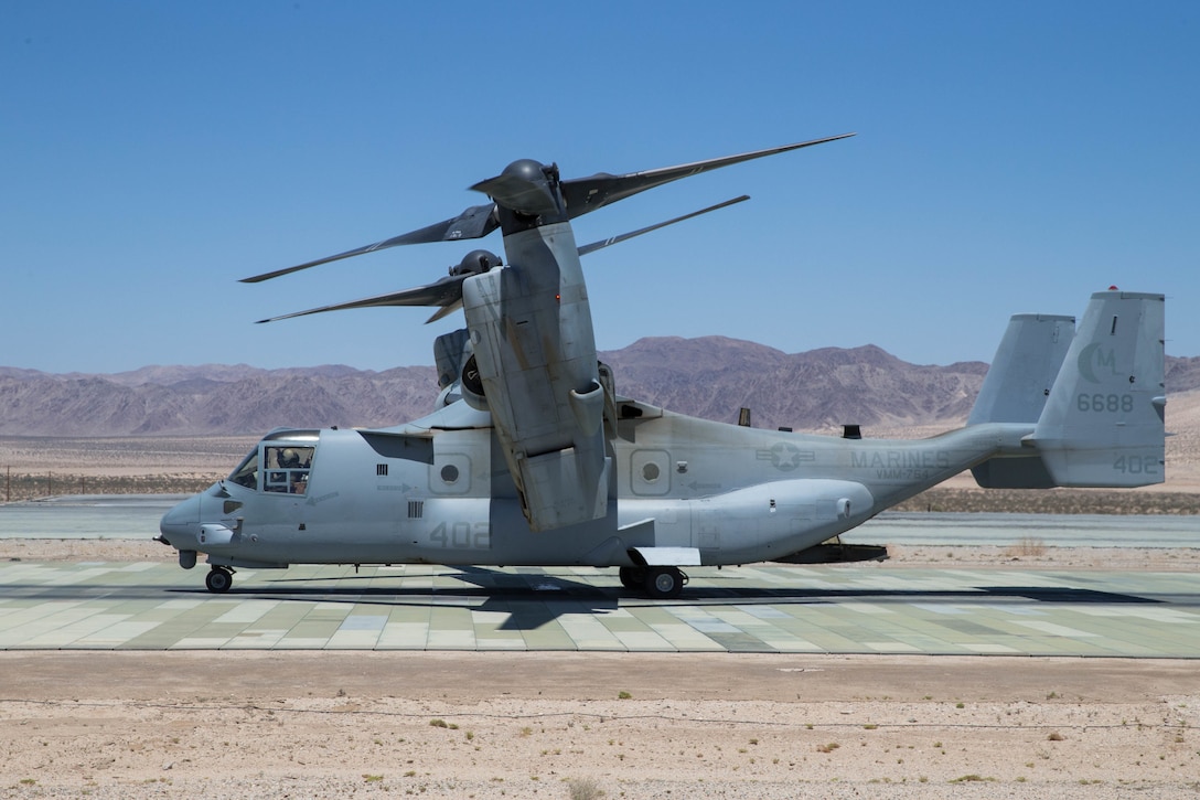 An MV-22 Osprey with Marine Medium Tiltrotor Squadron 764, Marine Aircraft Group 41, 4th Marine Aircraft Wing, taxis to the runway, carrying Marines with Integrated Training Exercise 4-18 for a motivation flight, at Marine Corps Air Ground Combat Center Twentynine Palms, Calif., June 16, 2018. MAG 41, comprised of fixed wing tactical aircraft, tilt-rotor aircraft and rotary-wing assault support aircraft, provide the Aviation Combat Element to Marine Air-Ground Task Force 23 during ITX 4-18. (U.S. Marine Corps photo by Lance Cpl. Samantha Schwoch/released)