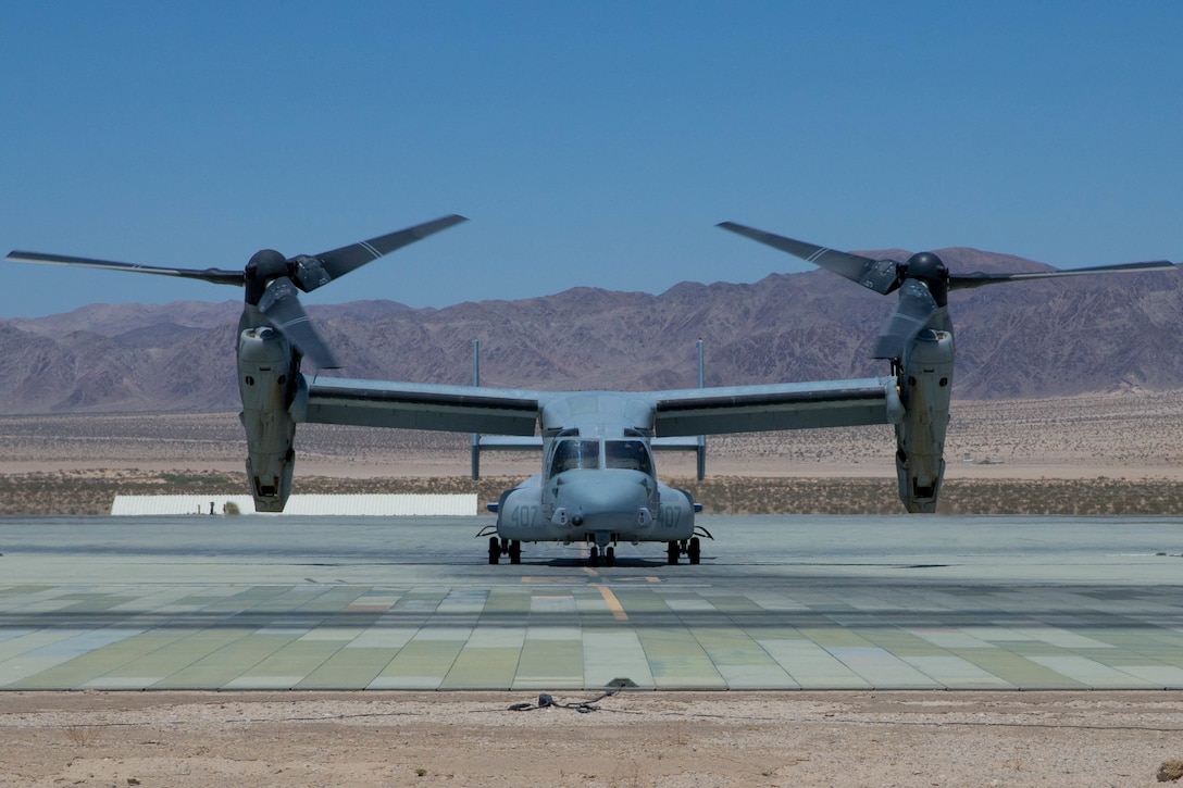 An MV-22 Osprey, with Marine Medium Tiltrotor Squadron 764, Marine Aircraft Group 41, 4th Marine Aircraft Wing, taxis to the runway, carrying Marines with Integrated Training Exercise 4-18 for a motivation flight, at Marine Corps Air Ground Combat Center Twentynine Palms, Calif., June 16, 2018. MAG 41, comprised of fixed wing tactical aircraft, tilt-rotor aircraft and rotary-wing assault support aircraft, provide the Aviation Combat Element to Marine Air Ground Task Force 23 during ITX 4-18. (U.S. Marine Corps photo by Lance Cpl. Samantha Schwoch/released)