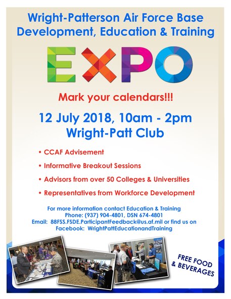 Advisors from more than 50 colleges will be on hand to provide information on educational development opportunities and various career programs at the annual Wright-Patterson Air Force Base Development, Education and Training Expo.  (Courtesy Graphic)