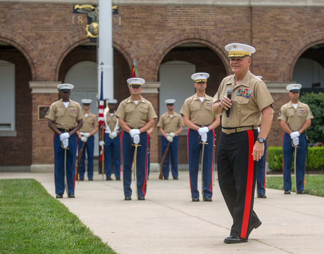 Commandant of the Marine Corps Gen. Robert B. Neller delivers remarks during a change of command ceremony at Marine Barracks Washington D.C., June 20, 2018. Colonel Tyler J. Zagurski relinquished his command of Marine Barracks Washington D.C. to Col. Don Tomich. Tomich previously served as the Assistant Chief of Staff for Operations, Marine Forces Central Command. (Official Marine Corps photo by Sgt. Robert Knapp/Released)