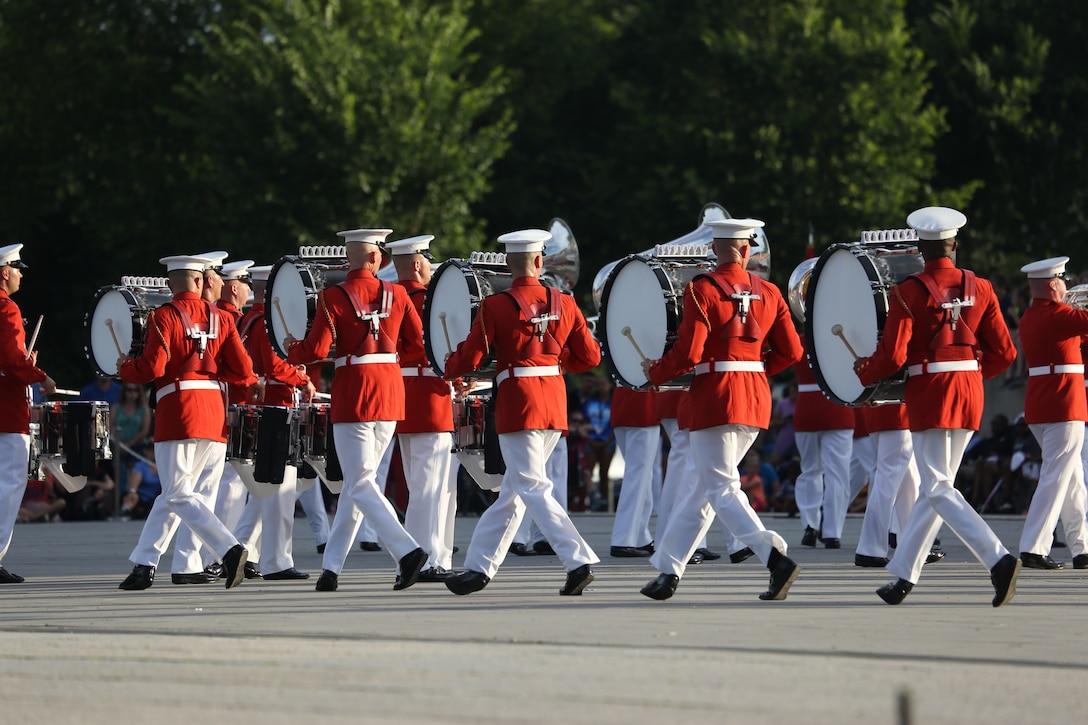 Marines with “The Commandant’s Own” Marine Drum & Bugle Corps prepare to perform a musical ballad during the Sunset Parade at the Lincoln Memorial, Washington D.C., June 19, 2018. The guest of honor for the parade was Vice Adm. Ocatavio Trejo Hermida, Mexico Naval Attaché, and the hosting official was Brig. Gen. Dimtri Henry, director of intelligence.