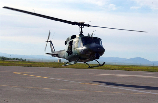 A UH-1N Huey helicopter prepares to land at Malmstrom Air Force Base, Mont. A crew assigned to the 40th Helicopter Squadron from Malmstrom AFB rescued an injured hiker Aug. 10 near Cook City, Mont., just north of the Montana-Wyoming border. (U.S. Air Force photo)