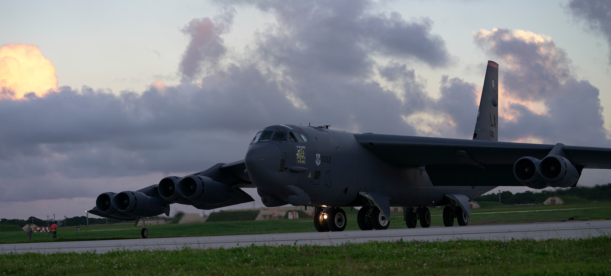 A U.S. Air Force B-52H Stratofortress bomber assigned to the 20th Expeditionary Bomb Squadron, deployed from Barksdale Air Force Base, La., prepares to takeoff from Andersen AFB, Guam, in support of a routine Continuous Bomber Presence (CBP) mission over south-east Queensland, Australia, June 19, 2018 (HST).