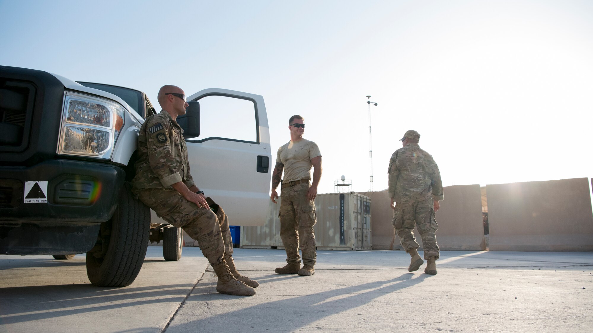 Aerial porters from the 442nd Air Expeditionary Squadron prepare to leave the flightline after a 12-hour shift, June 6, 2018, at Camp Taji, Iraq.