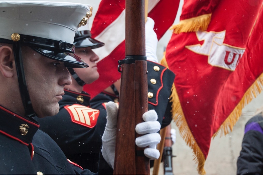 Sgt. Codi Quevedo, a staff noncommissioned officer in charge for Recruiting Sub-Station Fort Collins, Recruiting Station Denver, prepare to march out on to Coors Field in the Colorado Rockies Stadium in Denver, Colorado, April 6, 2018. All local military branches and first responders participated in the ceremony before the game.