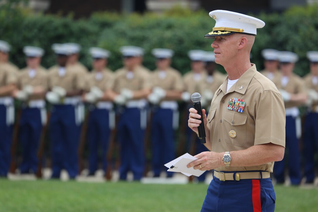 Colonel Tyler J. Zagurski relinquished his command of Marine Barracks Washington D.C. to Col. Don Tomich. Tomich previously served as the Assistant Chief of Staff for Operations, Marine Forces Central Command.