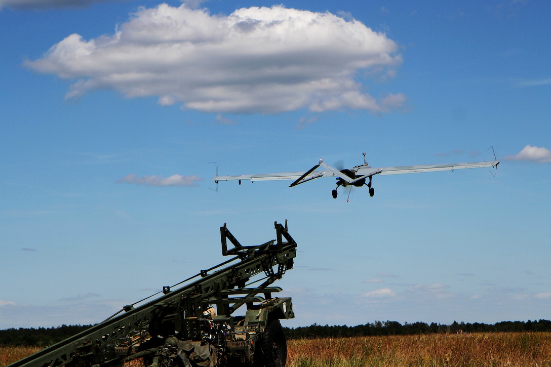 Soldiers launch an Unmanned Aerial Vehicle AAI RQ-7 Shadow Drone.