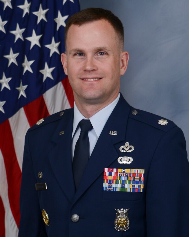 Lt. Col. William Notbohm speaks on leadership practices necessary for overcoming obstacles as he transitions out of command at Laughlin Air Force Base, Texas, June 21, 2018. Notbohm will be moving on to the next part of his career, which is attending professional military training at Maxwell Air Force Base, Ala. (U.S. Air Force photo/47th Flying Training Wing Public Affairs)