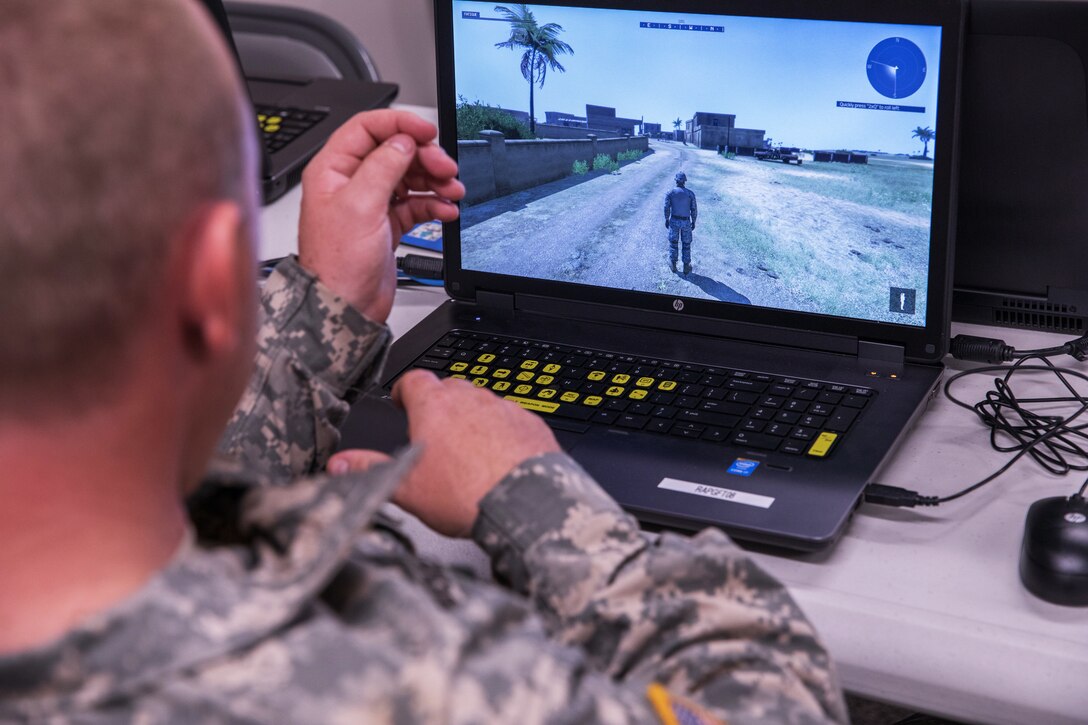 An Army National Guard soldier engages in Virtual Battle Space Simulation training.