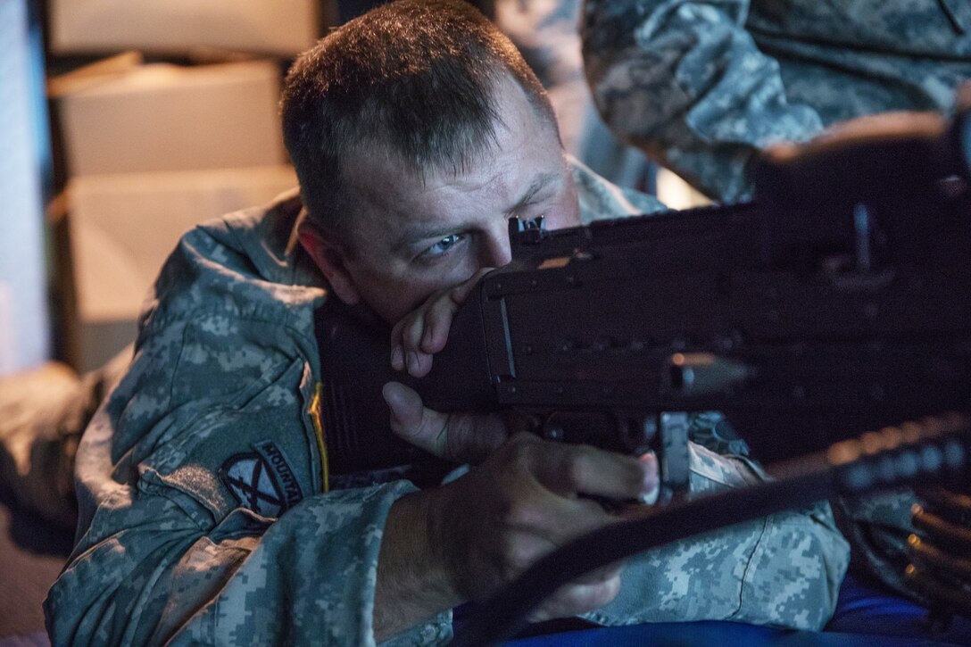 An Army soldiers partakes in Engagement Skills Training.