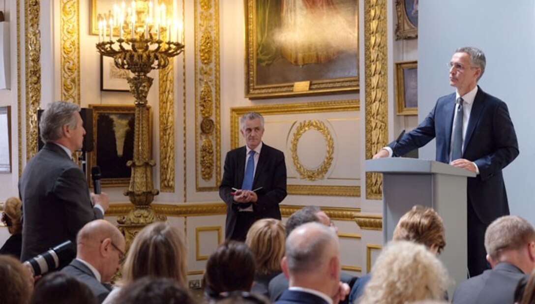 NATO Secretary General Jens Stoltenberg answers questions following a speech on the alliance at the Lancaster House in London.