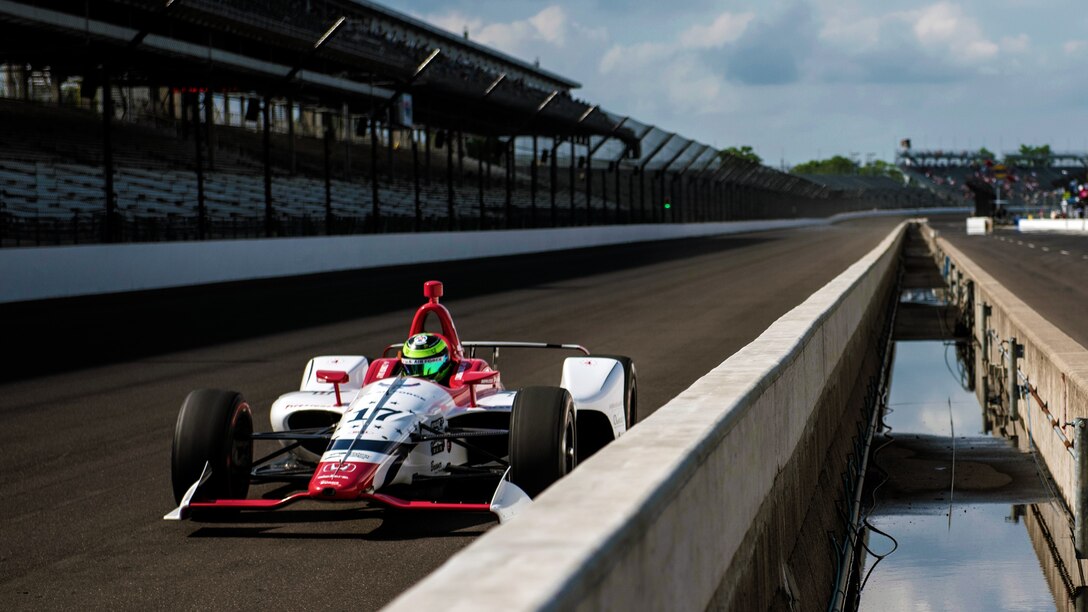 Conor Daly, driver of the No. 17 U.S. Air Force Recruiting Service Thom Burns Racing Honda, makes his second qualifying attempt during "bump day" at Indianapolis Motor Speedway.