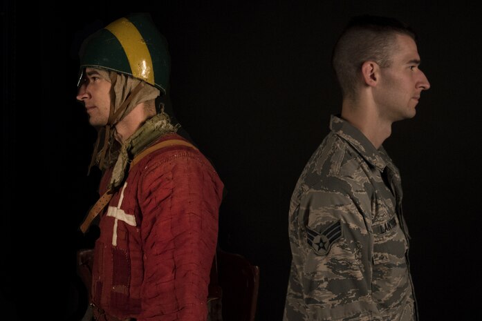 U.S. Air Force Senior Airman Benjamin Lanteigne, 628th Security Forces Squadron patrolman, as himself, right, and as Getulio D ’Amalfi, left, a solider from the Norman Kingdom of Sicily and a reenactment character he created.