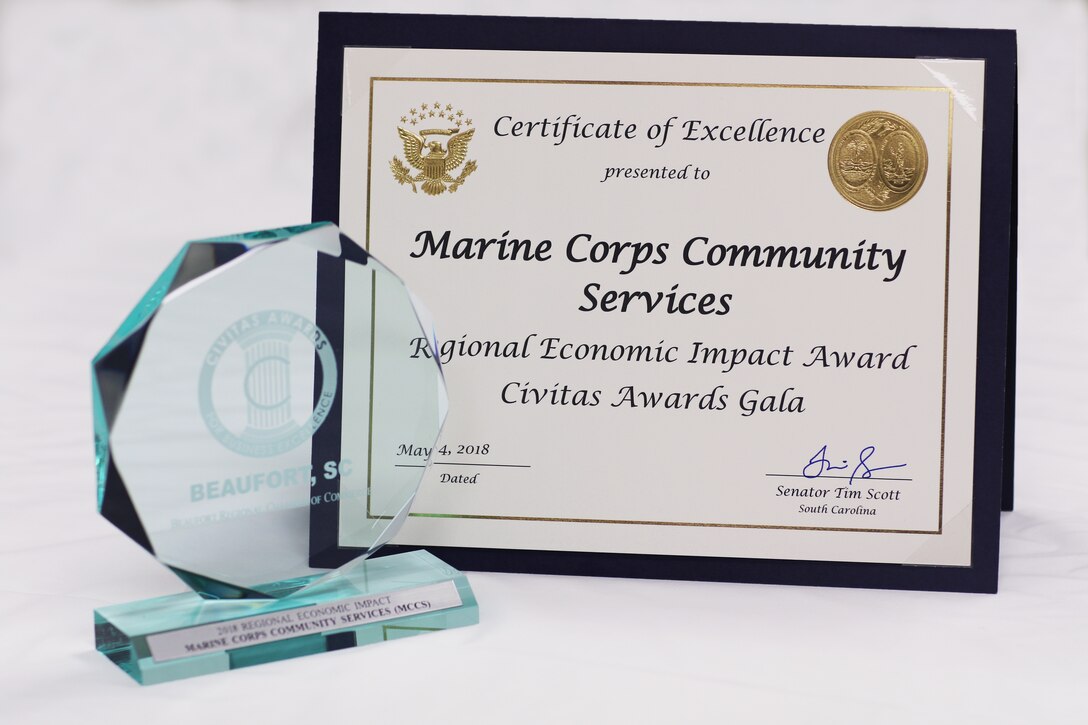 Marine Corps Community Services recieved the Regional Economic Impact Award at Beaufort Chamber of
Commerce’s Civitas Gala May 24. The gala is an annual awards banquet that recognizes businesses and people
making an impact in the community.