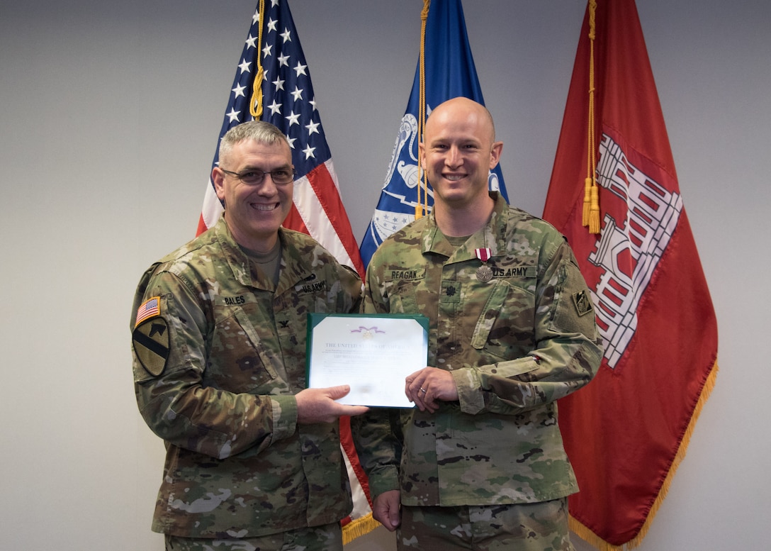 Lt. Col. Matthew Reagan, a project manager with the District in his civilian capacity and an officer in the Army Reserves, received a Meritorious Service Medal for his 9-month assignment as the District's Deputy Commander, while LTC Taneha Carter was deployed in support of the Mosul Dam Task Force.