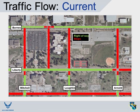 Upon reopening of Texas State Highway Loop 79 and the beginning of operations at Laughlin’s west gate June 29, 2018, numerous street signs will change to accommodate the new flow of traffic here. The change, to accommodate incoming and outgoing traffic from the new gate, will see stop signs at Mitchell Boulevard, Laughlin Drive, and Arnold Boulevard removed and placed at intersections, stopping traffic across Barnes Street and Liberty Drive. (U.S. Air Force graphic by Airman 1st Class Daniel Hambor)